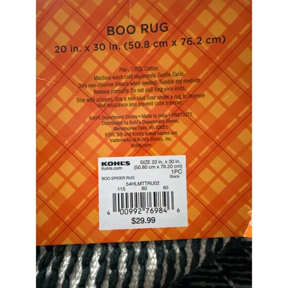 Halloween Midnight Market Boo Rug 20" X 30" Black & White Cotton Spider Webs Des - Picture 4 of 4
